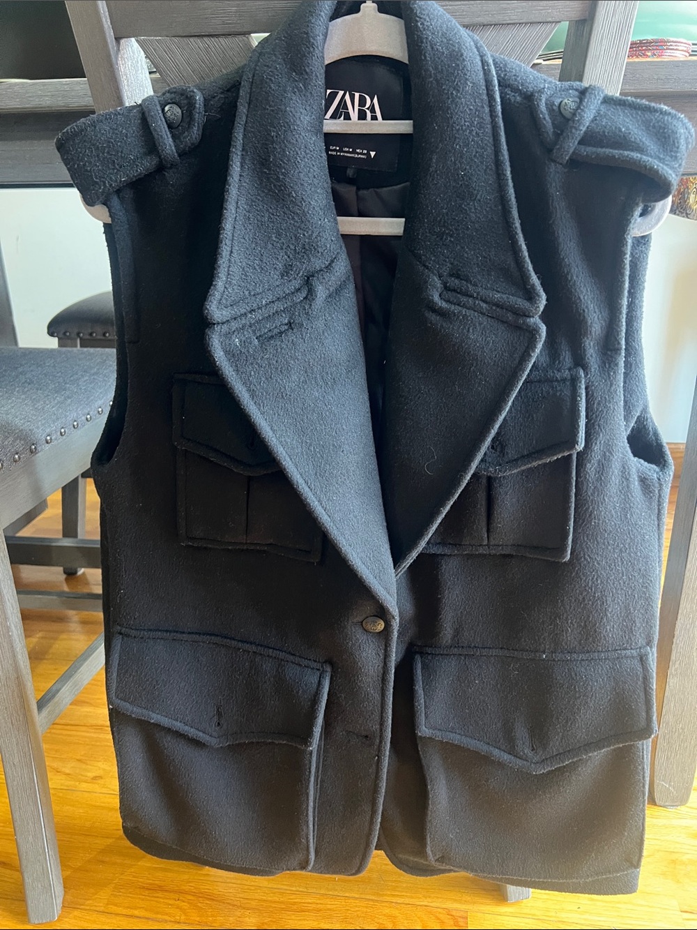 Zara Black Wool-Blend Utility Vest with Flap Pockets